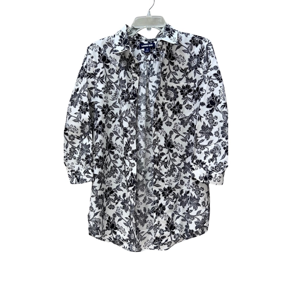 Lands' End No Iron Supima Cotton Button Down Shirt Black Ivory 10 Dress Casual